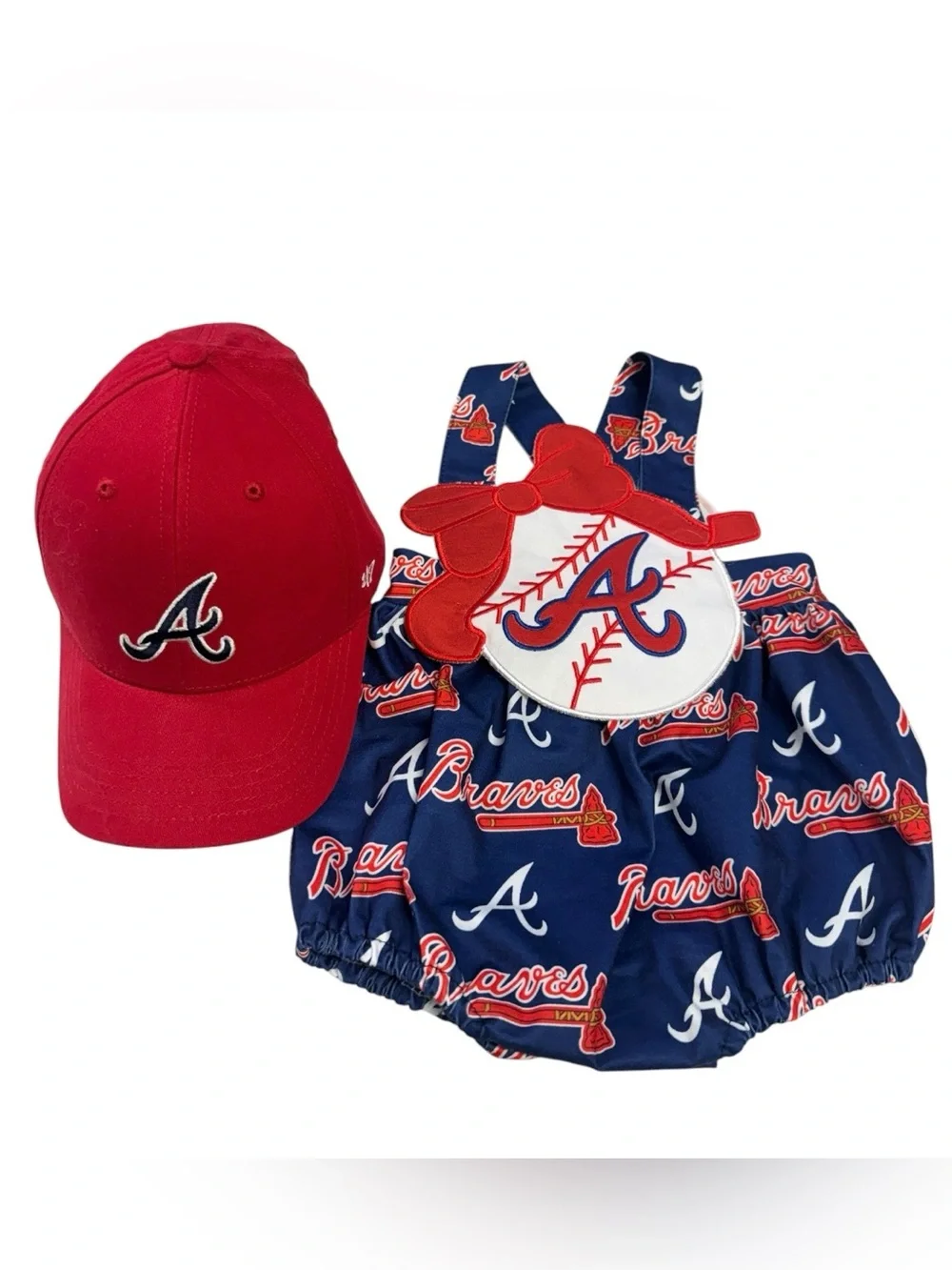 Atlanta Braves Abby & Evie Bubble Romper 12mo and Toddler Braves Red Cap NWT